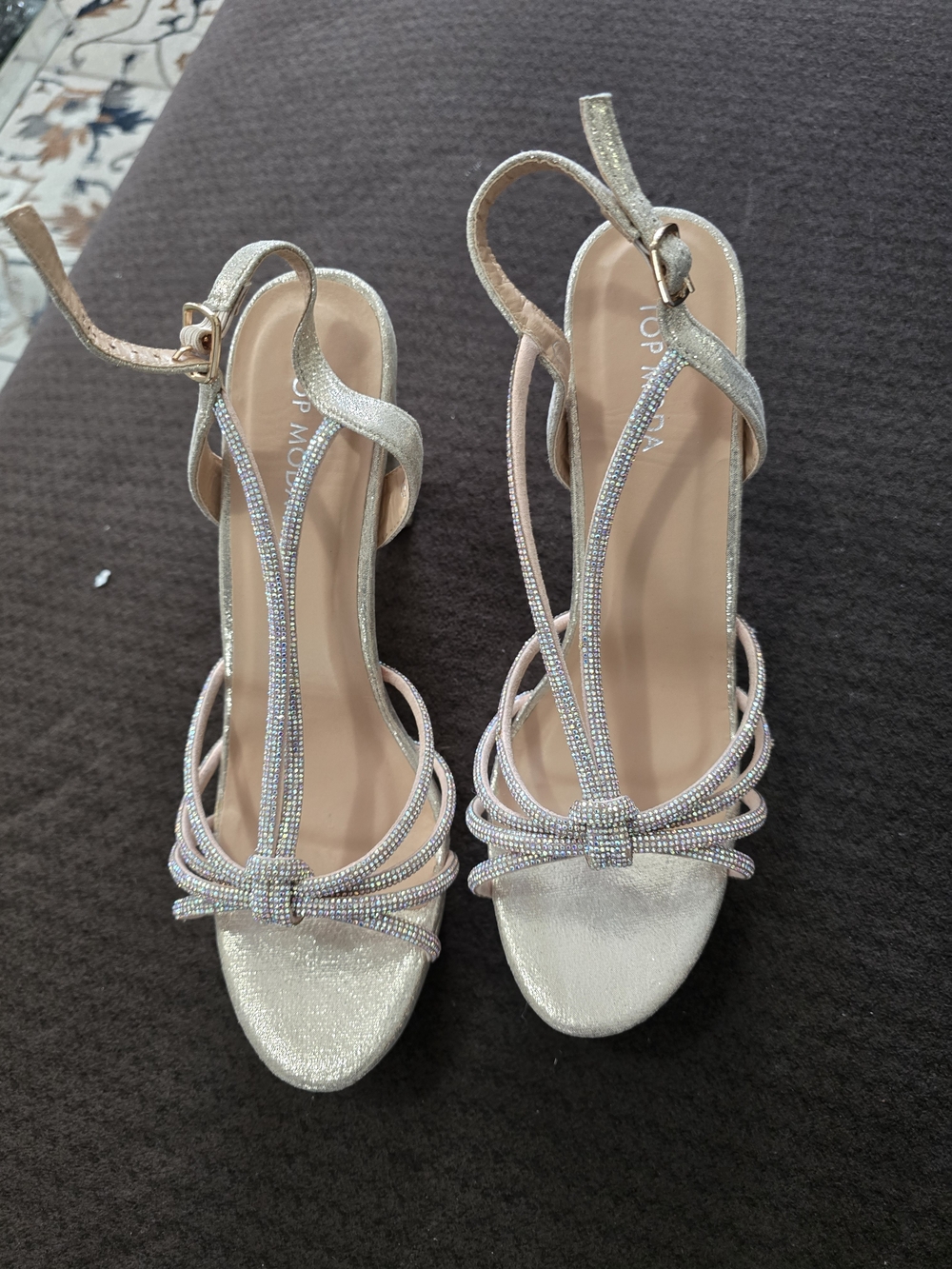 TOP Moda Iridescent Silver Rhinestone Strappy Heels